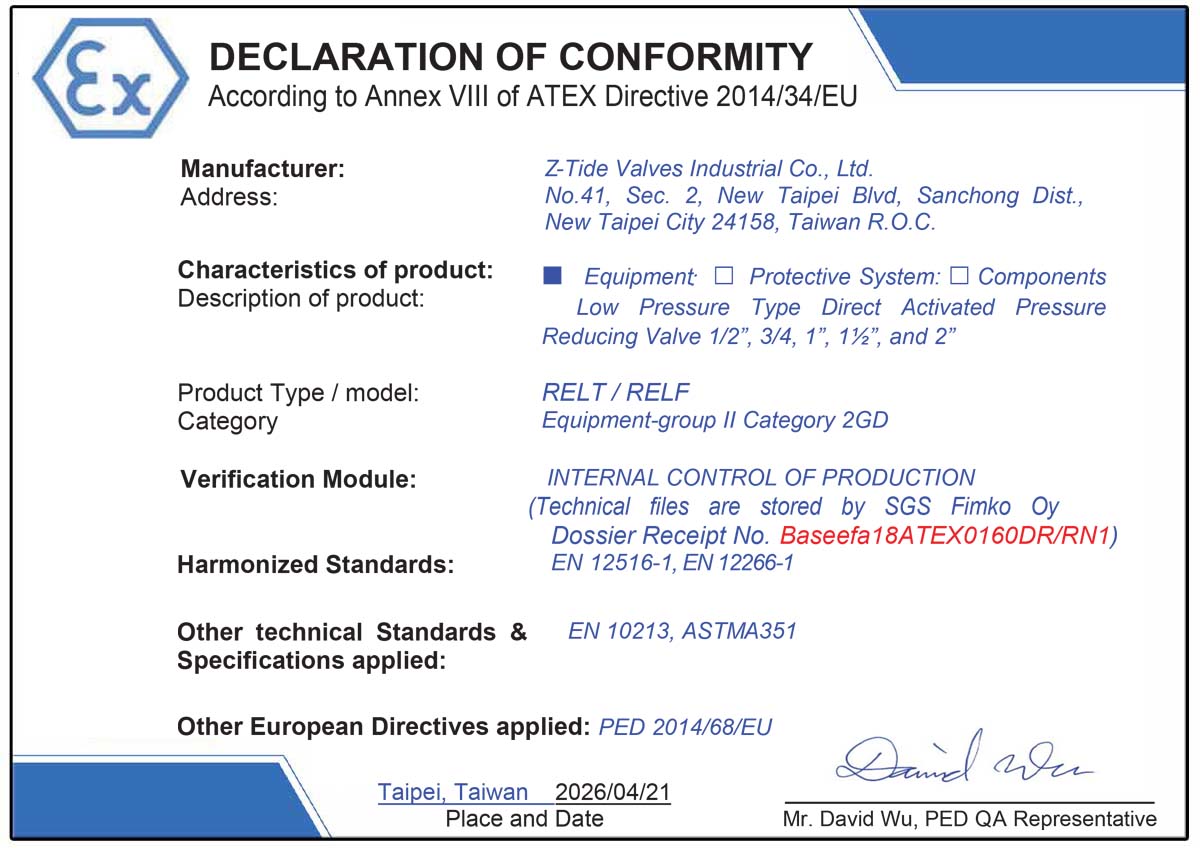 ATEX-certified Z-Tide Low Pressure Type Pressure Reducing Valve